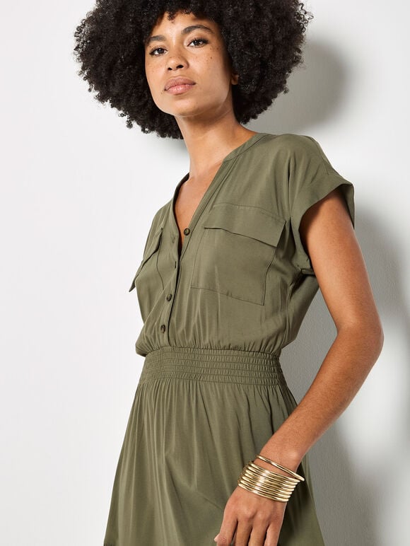 Tiered Utility Midaxi Dress, Khaki, large