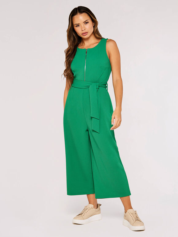 Zip Front Culotte Jumpsuit, Green, large