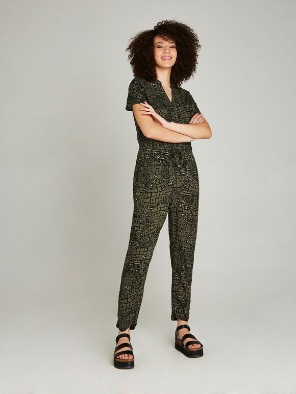Khaki Animal Print Utility Jumpsuit, Khaki, large