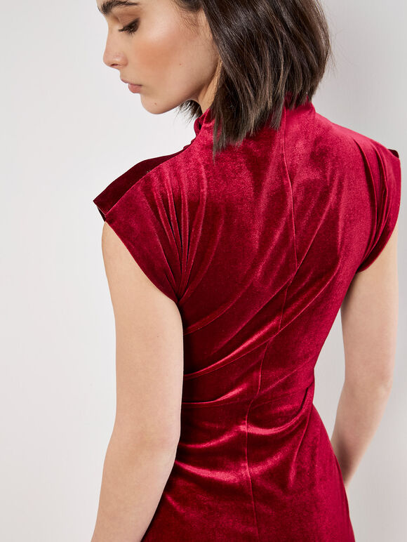 Ruched Velvet Bodycon Mini Dress, Red, large