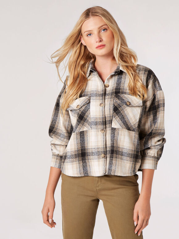 Fringed Cropped Check Shacket, Stone, large
