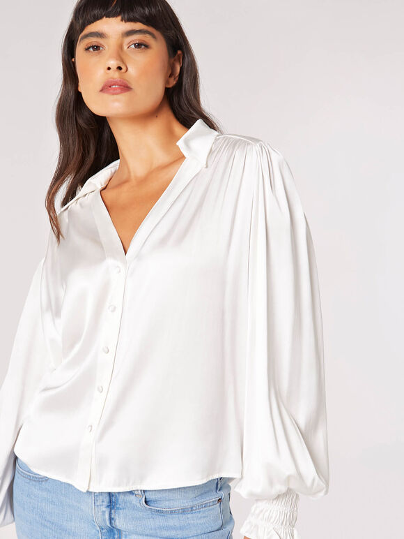 Balloon Sleeve Satin Shirt, White, large
