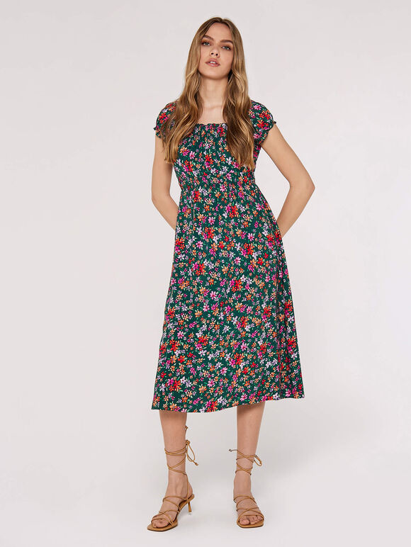 Ditsy Milkmaid Midi Dress, Green, large