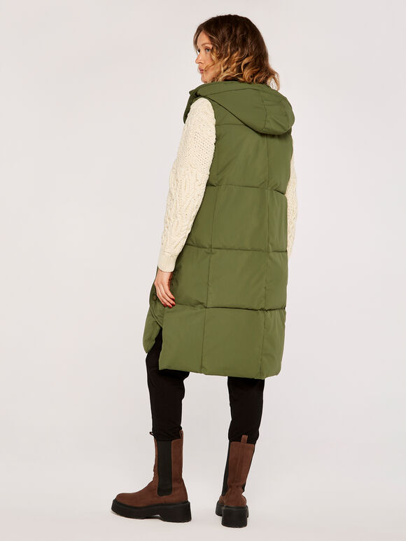 Button Longline Puffer Gilet, Khaki, large
