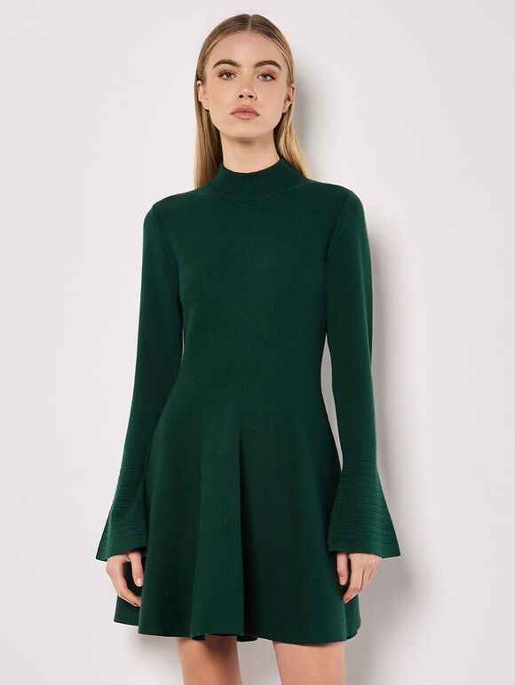 Bell Sleeve Knitted Skater Mini Dress, Green, large