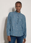 Ditsy Floral Embroidered Denim Blouse, Blue, large