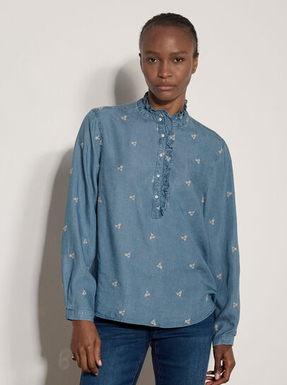 Ditsy Floral Embroidered Denim Blouse