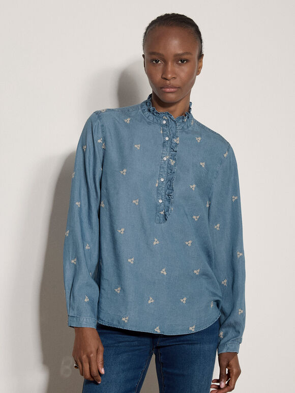 Ditsy Floral Embroidered Denim Blouse, Blue, large