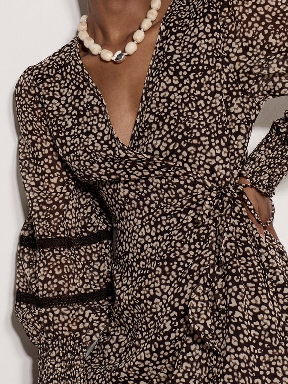 Leopard Print Chiffon Wrap Mini Dress, Brown, large