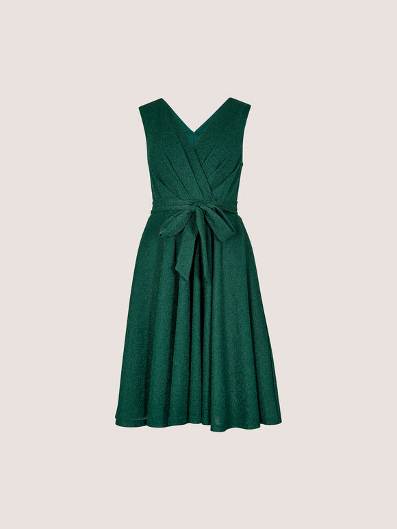 Metallic Pleat Skater Mini Dress, Green, large