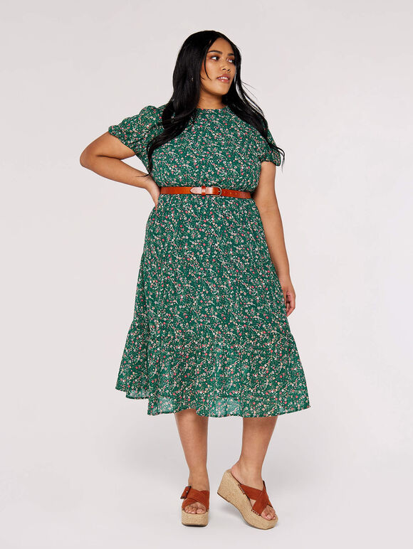 Curve Floral Smock Dress, Green, large