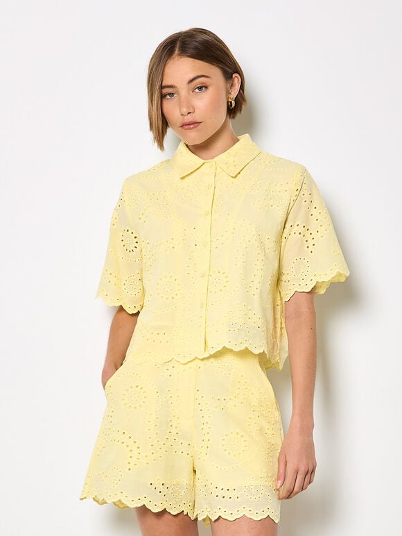 Scalloped Broderie Cropped Shirt, Yellow, large