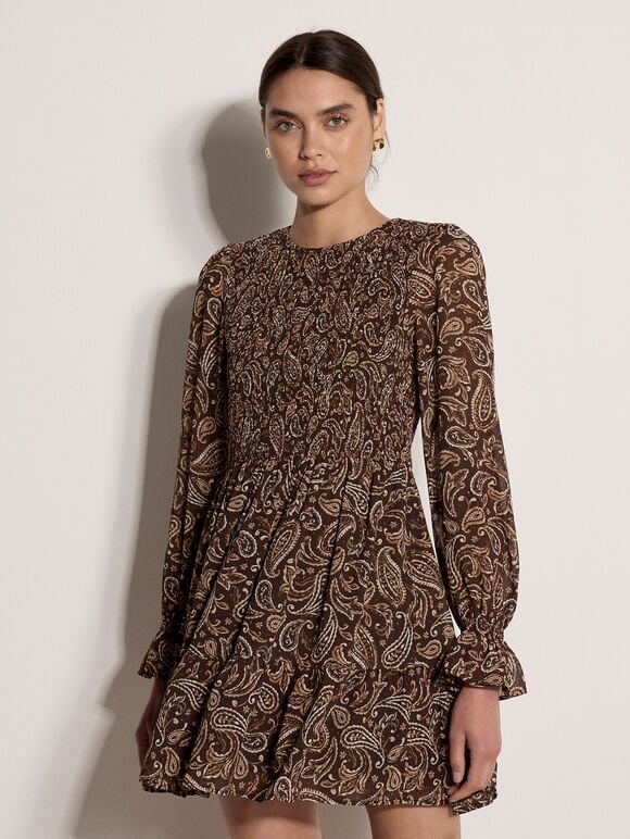 Paisley Chiffon Mini Dress, Brown, large