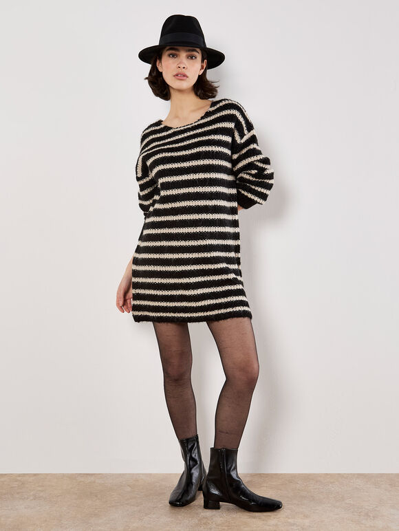 Oversized Stripe Jumper Mini Dress, Black, large