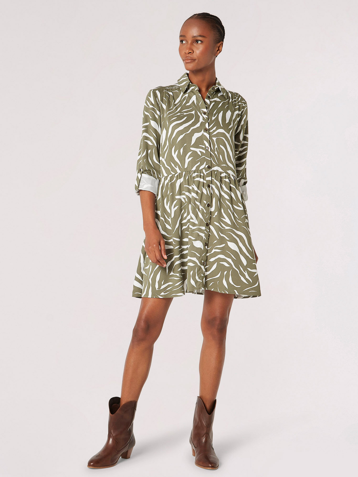 Zebra Print Shirt Mini Dress Apricot Clothing