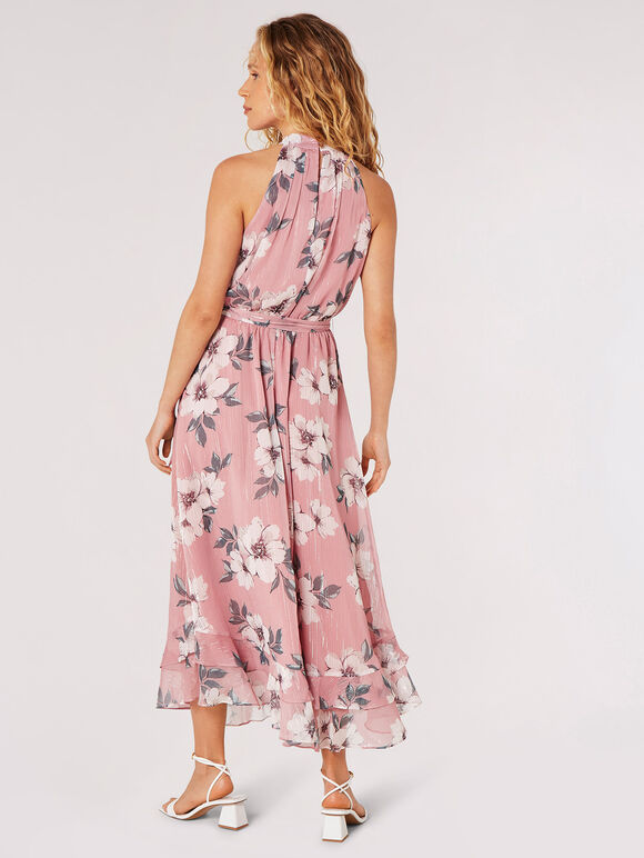 Robe midi chatoyante florale picturale, rose, grand