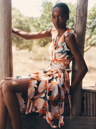 Graphic Floral Wrap Midi Dress