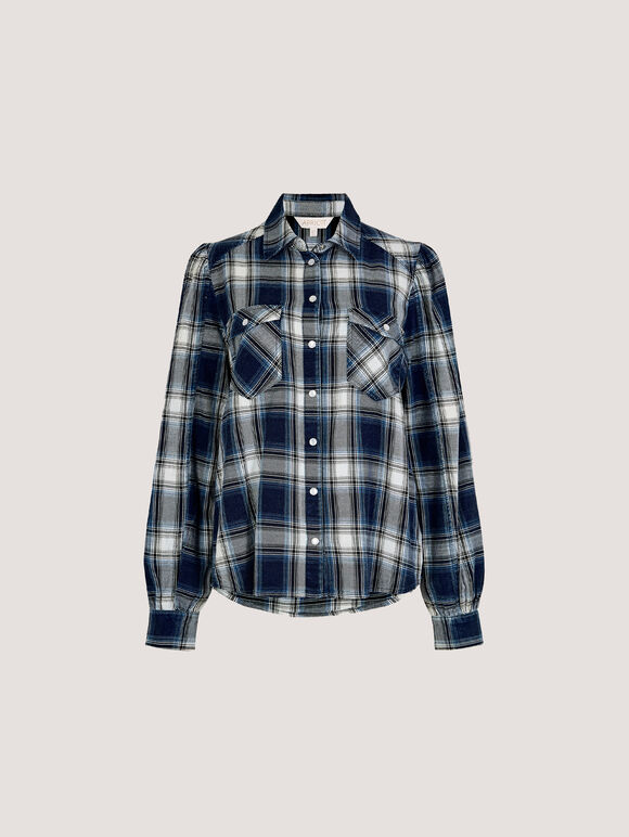 Washed Check Western Shirt, Blue, large