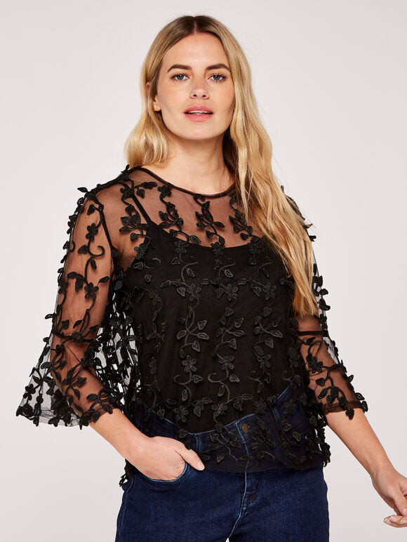 Lace Applique Mesh Top, Black, large