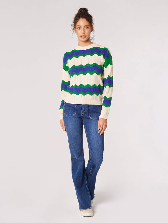Wavy Stripe Pointelle Jumper, Stone, large