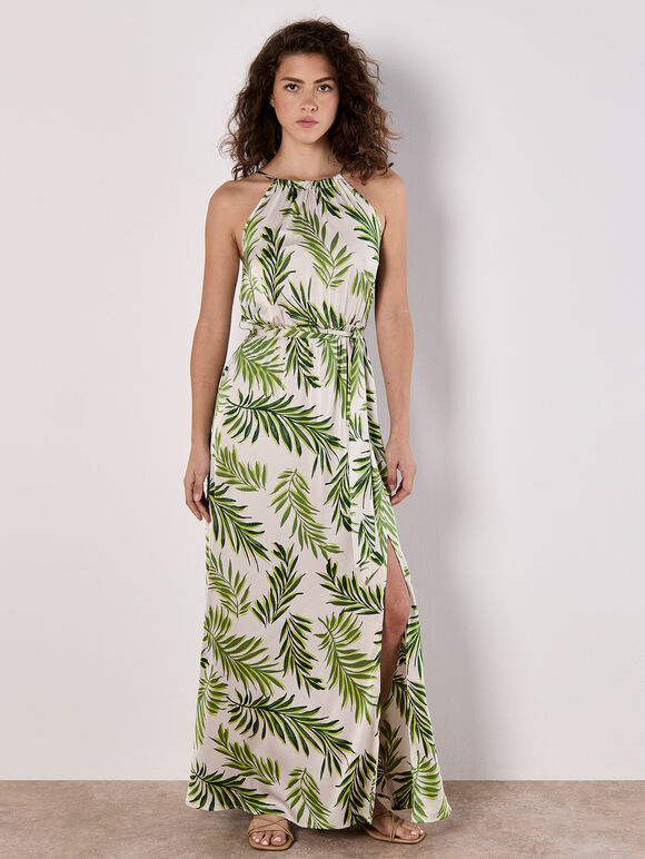 Tropical Leaf Satin Halter Neck Maxi Dress, Stone, large