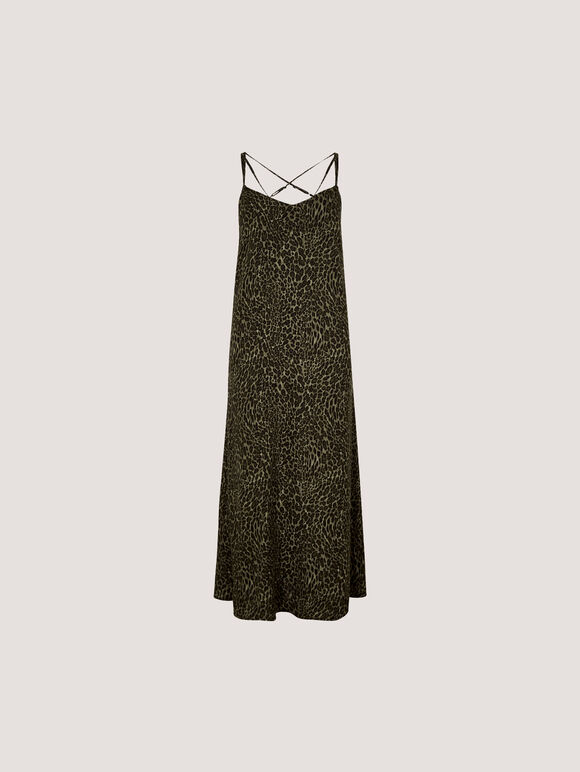 Animal Print Crepe Maxi Slip Dress, Khaki, large