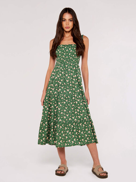 Ditsy Floral Smocked Midi Dress, Green, large