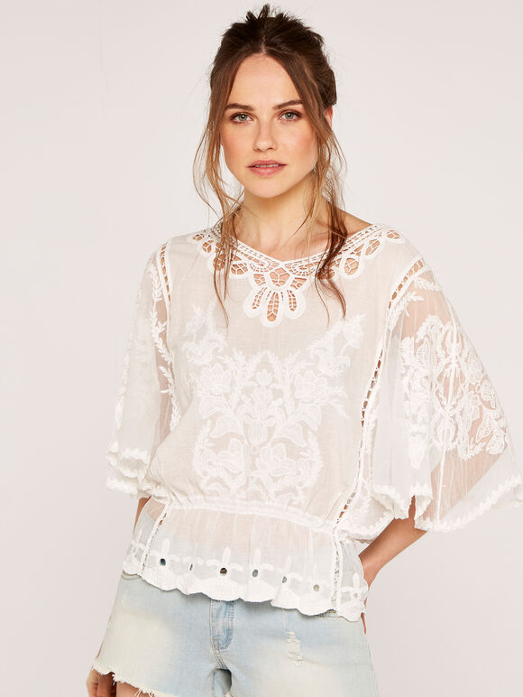 Floral Embroidery Top with Lace | Apricot Clothing