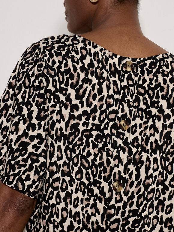Button Back Animal Print Woven T-Shirt, Stone, large
