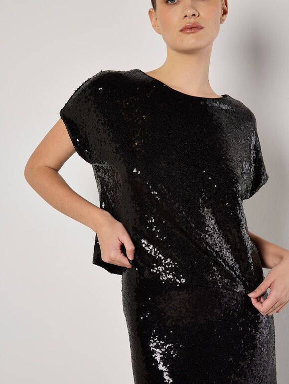 Sequin Bias Cut Midaxi Skirt, Black, large