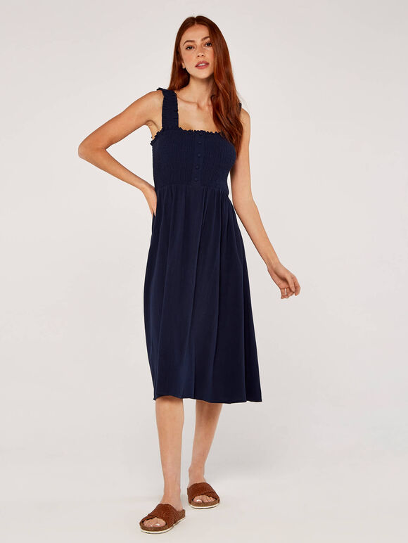 Slub Linen Nape Dress, Navy, large