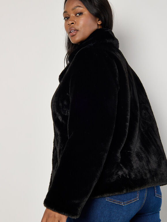 Veste Courte En Fausse Fourrure Femme - Bomber Léger Hiver - Fermeture Éclair, Poches - Bleu Marine/Noir