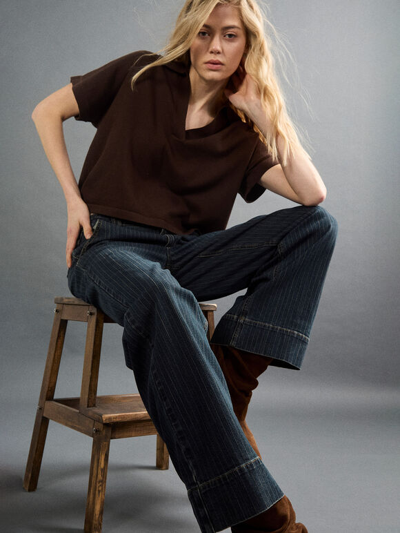 Pinstripe Wide-Leg Denim Jeans, Navy, large
