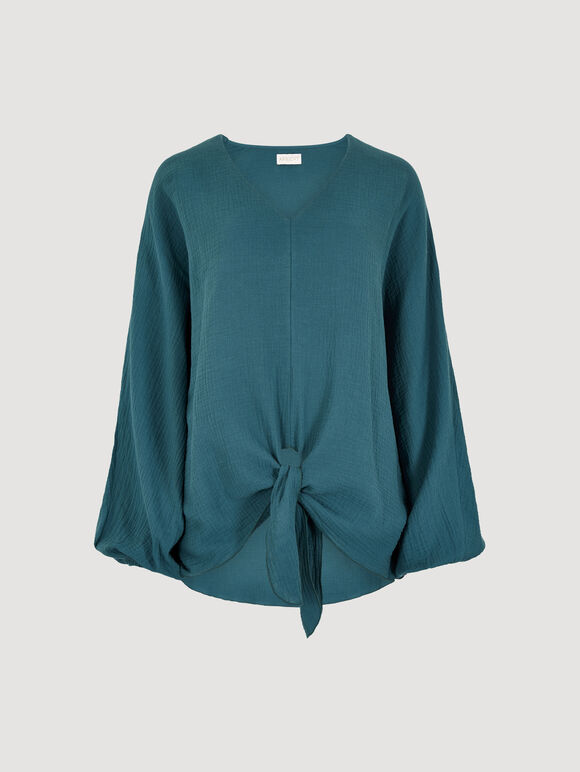 Cotton Oversized Tie Hem Top, Teal, large