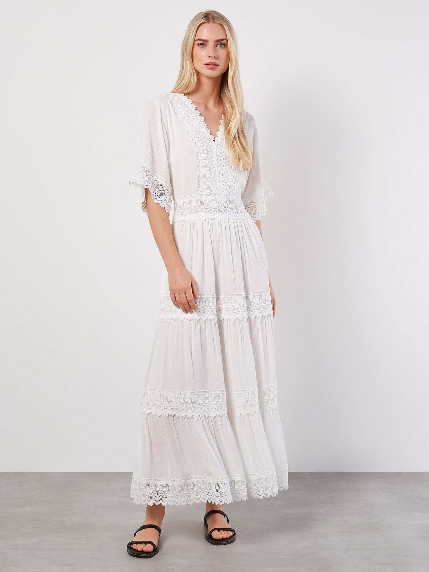 Crochet Detail Tiered Maxi Dress Apricot Clothing
