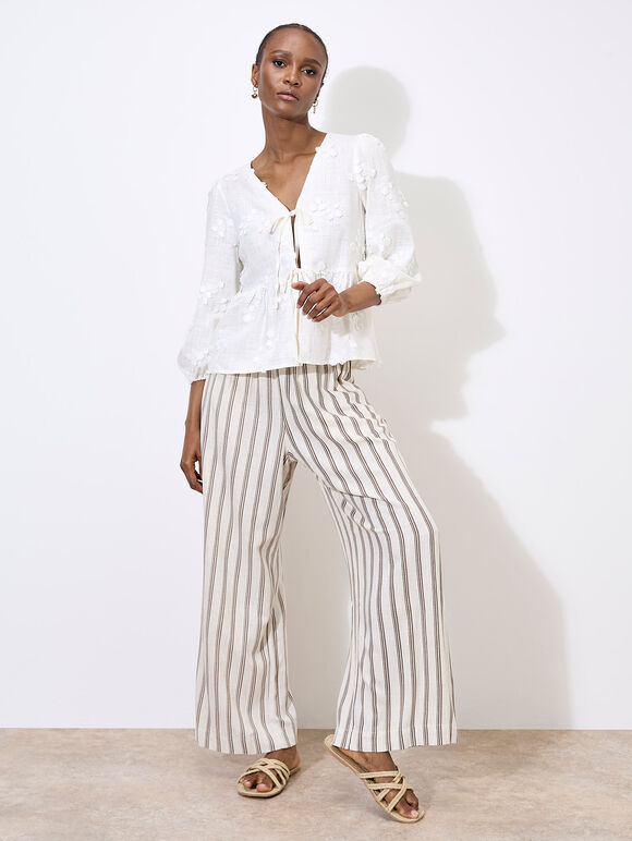 Floral Applique Tie Front Top, White, large