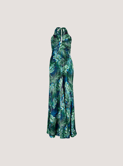 Tropical Leaf Satin Maxi Dress