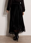 Pleated Velvet Lace Trim Midi Skirt, Black, large