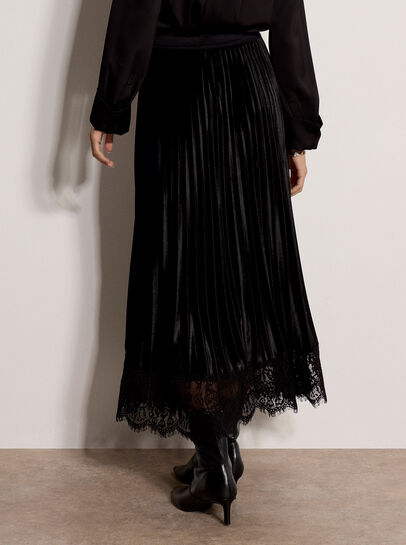 Pleated Velvet Lace Trim Midi Skirt
