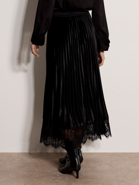 Pleated Velvet Lace Trim Midi Skirt, Black, large