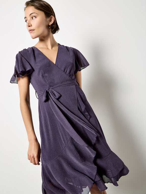Sparkle Wrap Ruffle Mini Dress, Purple, large