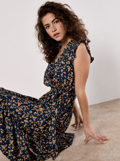Floral Frill Wrap Midi Dress