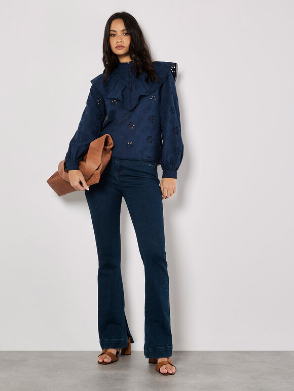 Embroidered Cotton Ruffle Blouse, Navy, large