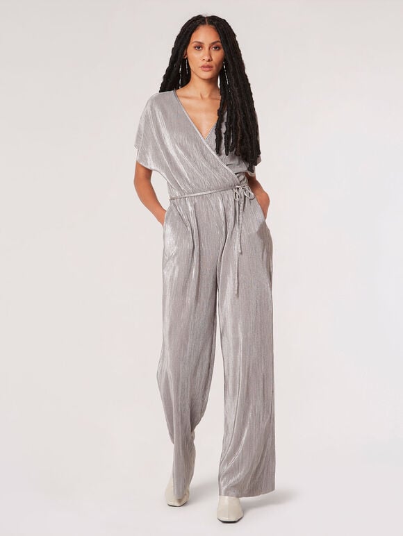 Plisse Metallic Jumpsuit, Silver, large