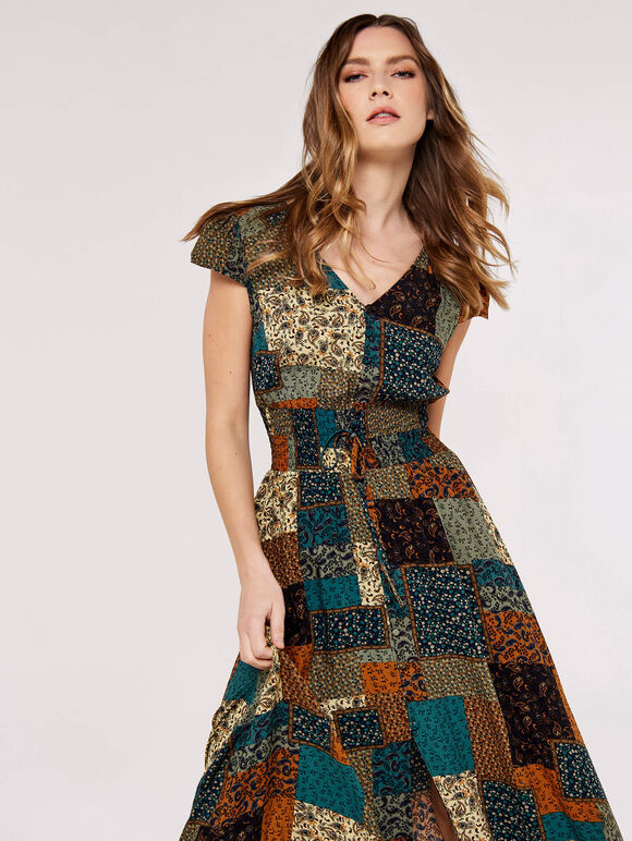 Robe Maxi Smockée Patchwork, Marron, large