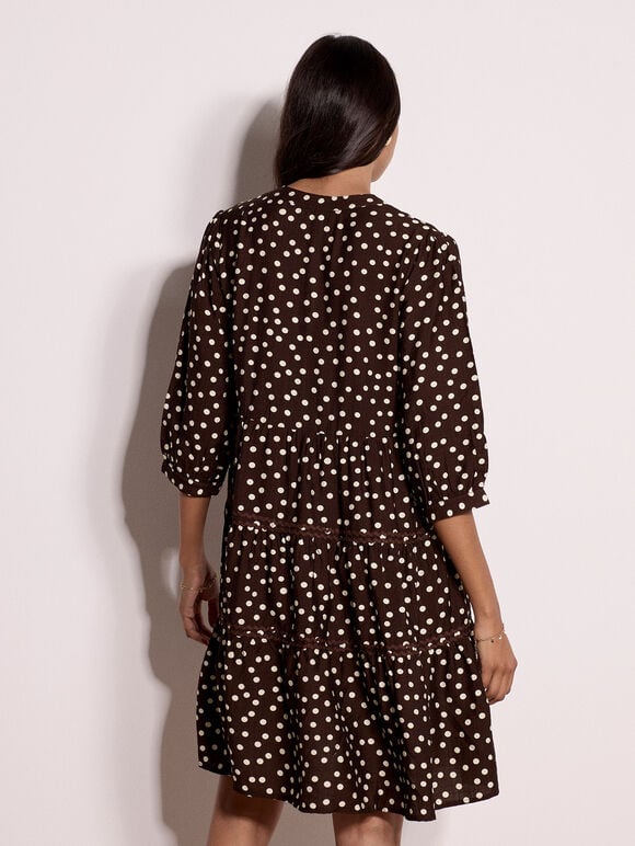 Polka Dot Tiered Mini Dress, Brown, large