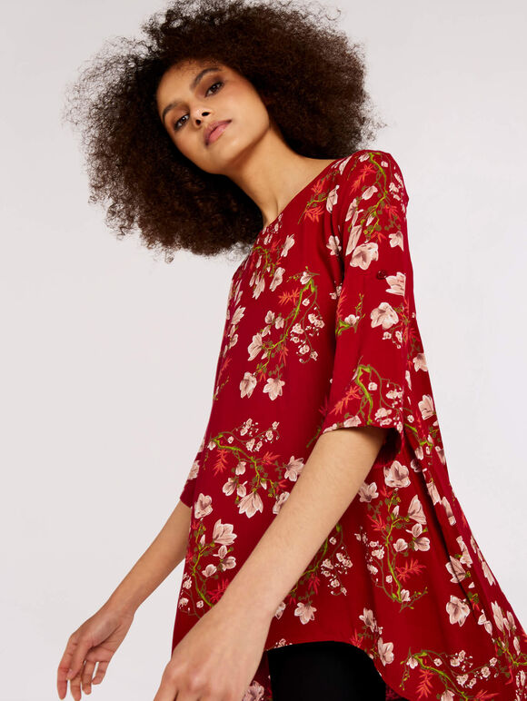 Floral High Low Tunic, Red, large