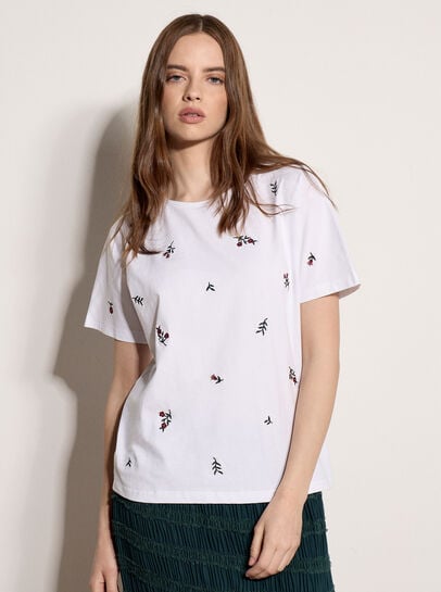 Floral Embroidered Cotton T-Shirt