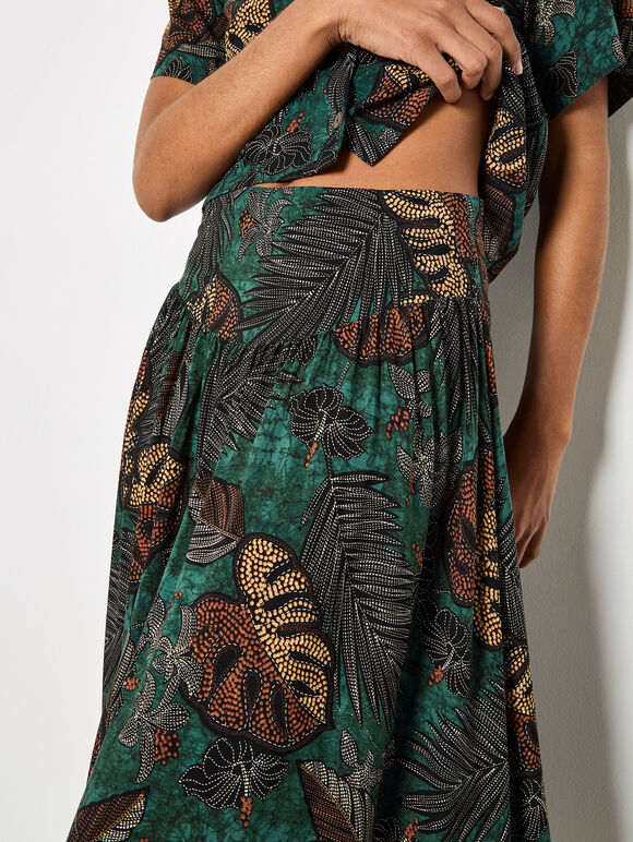 Tropical Leaf Print A-Line Midi Skirt, Green, large