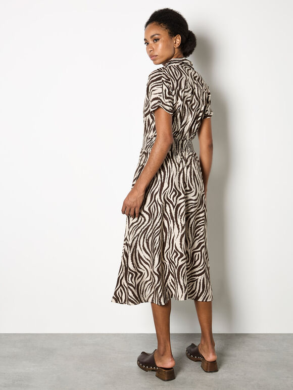 Zebra Print Shirt Midi Dress, Stone, large